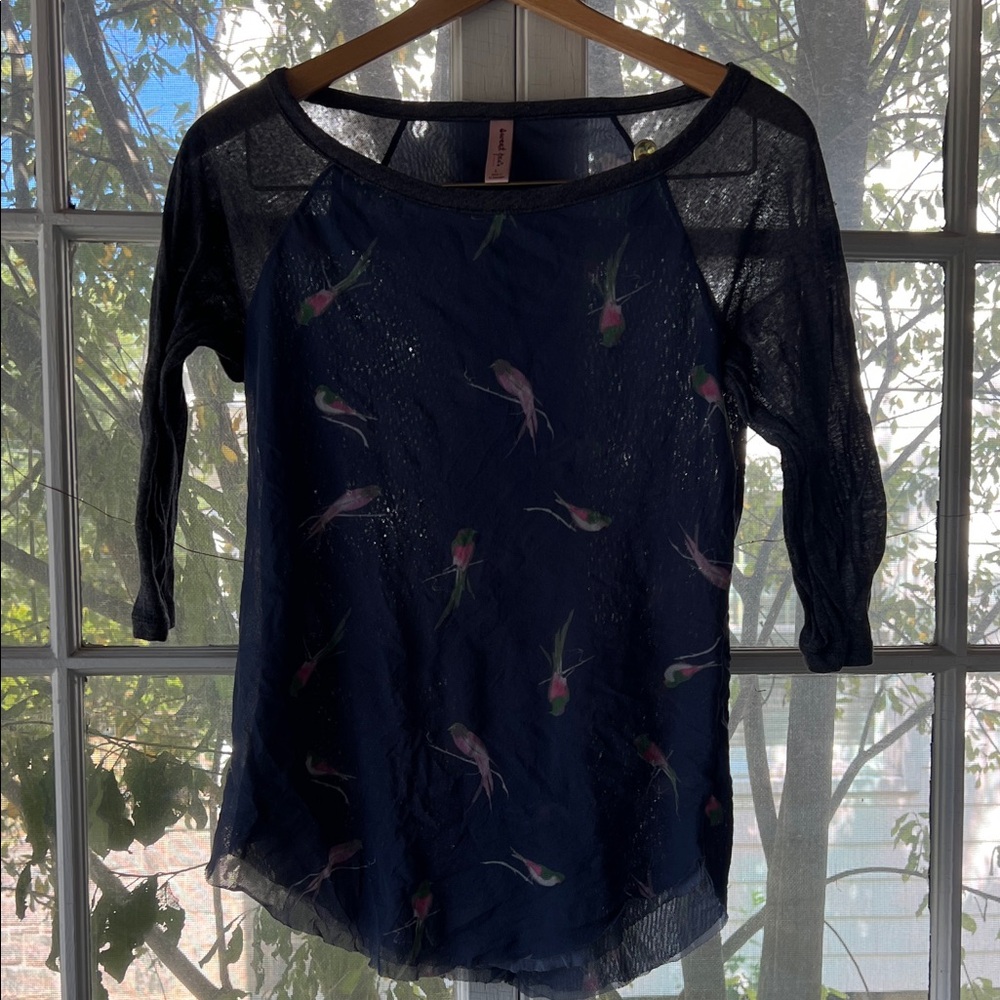 Sweet Pea by Stacy Frati Sheer Navy Blouse with Bird Design